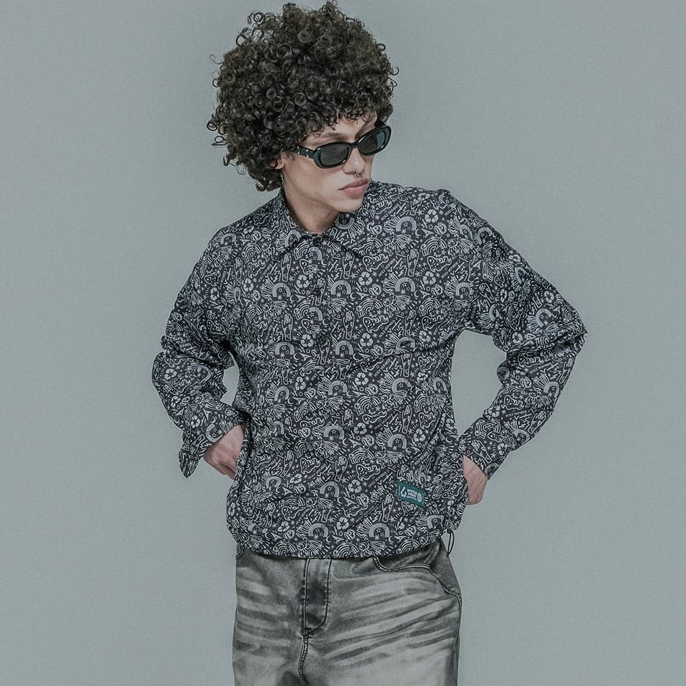 _RECYCLE POLYESTER_ GRAPHIC PULLOVER LONG_SLEEVED STRING SHIRT_BLACK